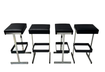 Four Mid-Century Modern Bar Stools with Black Leather Seats, 1970s